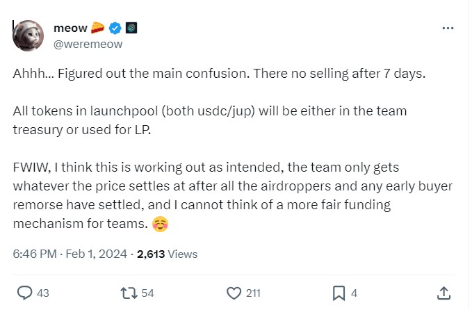 Jupiter founder: The team will no longer sell tokens after 7 days, and all tokens in the launchpool
