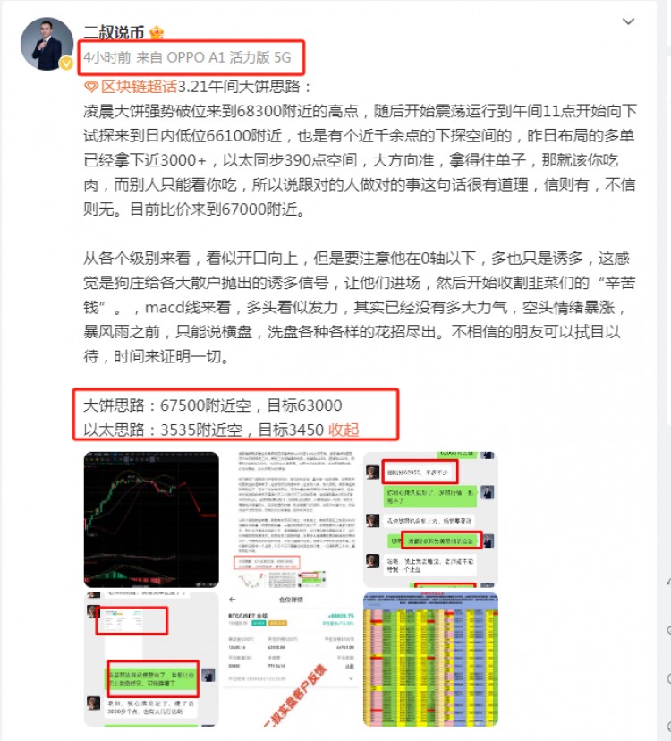 二叔说币晚间比特币持续高位看空